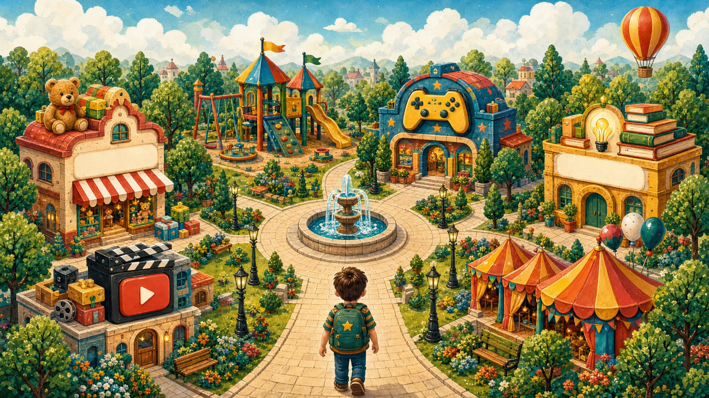 Illustrated map of the District: a toy shop, a playground, an arcade, a learning hub, a video studio and event tents around a fountain