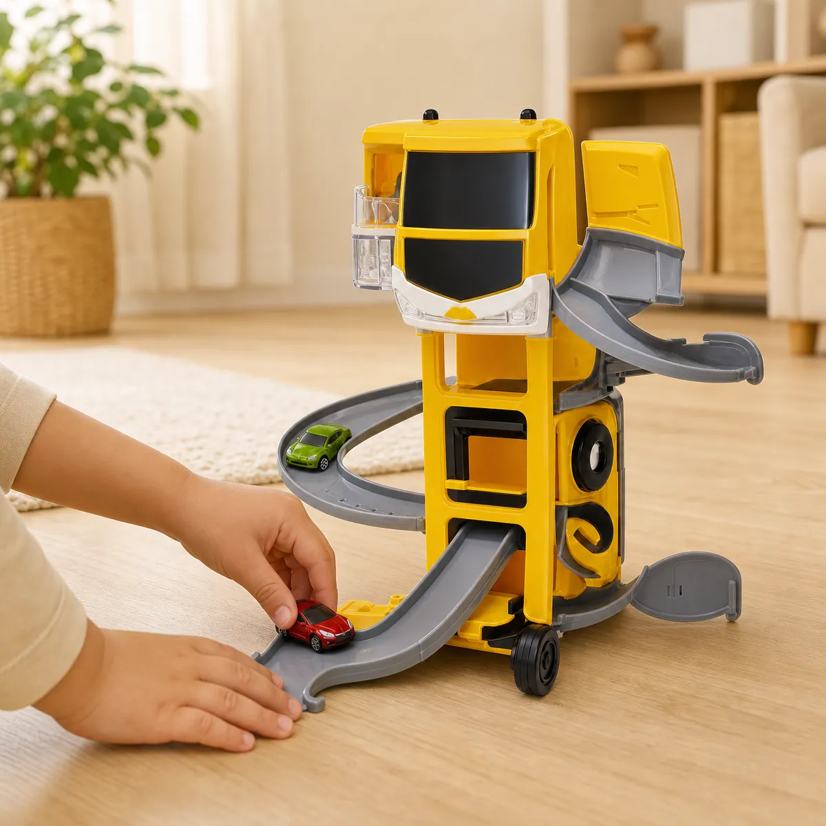 Transforming Truck Garage (Yellow) — being played with